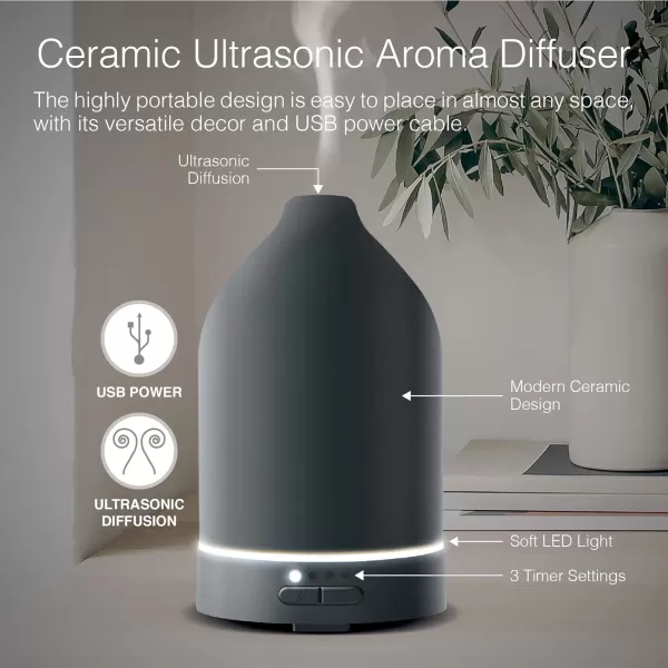 Brookstone Essential Oil Ceramic Diffuser Ripple Ultrasonic Aromatherapy and Relaxation 60ml Oils Diffuser Cool Air Mist Humidifier Relaxing Fragrant Environment For Any Room in Home or OfficeBlack