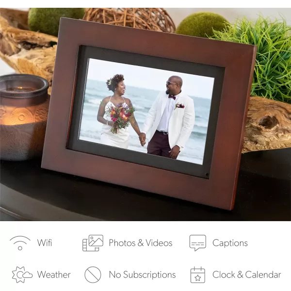 Brookstone PhotoShare 10 Smart Digital Picture Frame Send Pics from Phone to Frames WiFi 8 GB Holds 5000 Pics HD Touchscreen Premium Espresso Wood Easy Setup No Fees8 Espresso