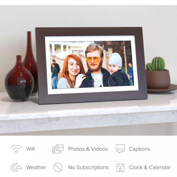 Brookstone PhotoShare 10 Smart Digital Picture Frame Send Pics from Phone to Frames WiFi 8 GB Holds 5000 Pics HD Touchscreen Premium Espresso Wood Easy Setup No Fees14 Espresso