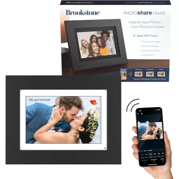 Brookstone PhotoShare 14 Smart Digital Picture Frame Send Pics from Phone to Frames WiFi 8 GB Holds 5000 Pics HD Touchscreen Premium Espresso Wood Easy 1min SetupBlack