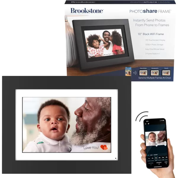 Brookstone PhotoShare 14 Smart Digital Picture Frame Send Pics from Phone to Frames WiFi 8 GB Holds 5000 Pics HD Touchscreen Premium Espresso Wood Easy 1min SetupBlack