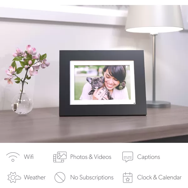 Brookstone PhotoShare 14 Smart Digital Picture Frame Send Pics from Phone to Frames WiFi 8 GB Holds 5000 Pics HD Touchscreen Premium Espresso Wood Easy 1min SetupBlack