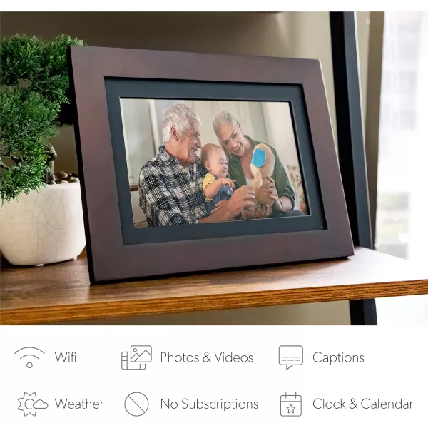 Brookstone PhotoShare 8 Smart Digital Picture Frame Send Pics from Phone to Frames WiFi 8 GB Holds 5000 Pics HD Touchscreen Premium Espresso Wood Easy Setup No Fees New Version10 Espesso
