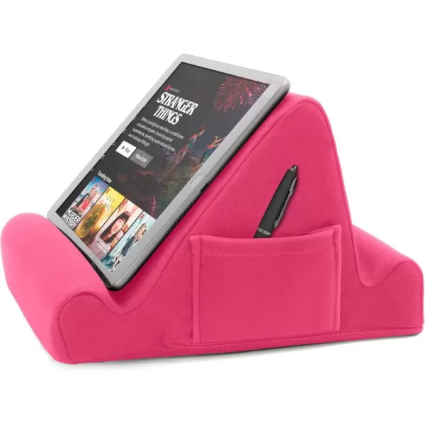 Brookstone  Memory Foam Lap Desk Tablet Holder Holds Phones iPads EBook Readers 2 Viewing Angles 2 Side Pockets for Accessories Book Holder Cushion Perfect for Home Car Travel ampamp FlightsHot Pink