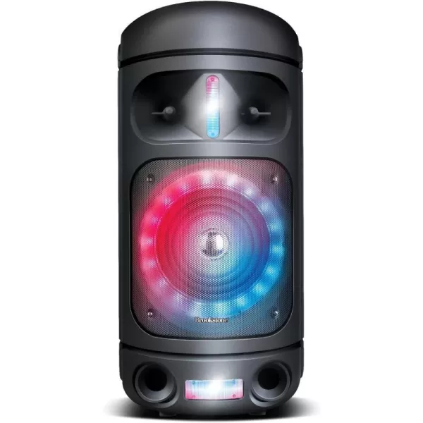 Brookstone Rumble Tower Portable Bluetooth Speaker with LED Light Show and 3 Light Modes Wireless Speaker Portable Speaker with Wheels Handle for Easy Carry Rechargeable Mic Input USBAUXFMBlack