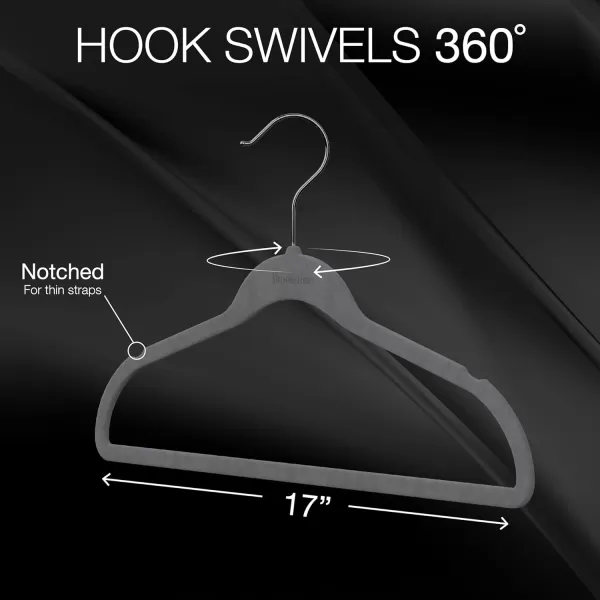 BROOKSTONE 25 Pack Velvet Hangers NonSlip 360 Swivel Hook Lightweight ampamp Slim Strong ampamp Durable Space Saving Design Heavy Duty Wont Stain FabricGray