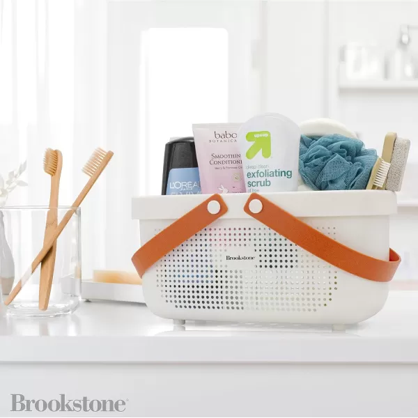 Brookstone BKH1633 Large Portable Shower Caddy with Soft Silicone Carrying Handle Bathroom Organizer Basket Plastic Bath Tote Dries Quickly with Drainage Holes BPA Free GrayWhite