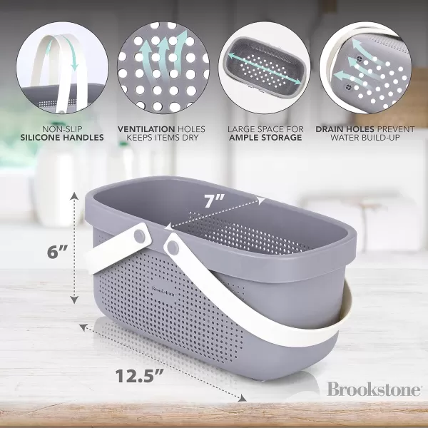 Brookstone BKH1633 Large Portable Shower Caddy with Soft Silicone Carrying Handle Bathroom Organizer Basket Plastic Bath Tote Dries Quickly with Drainage Holes BPA Free GrayGray