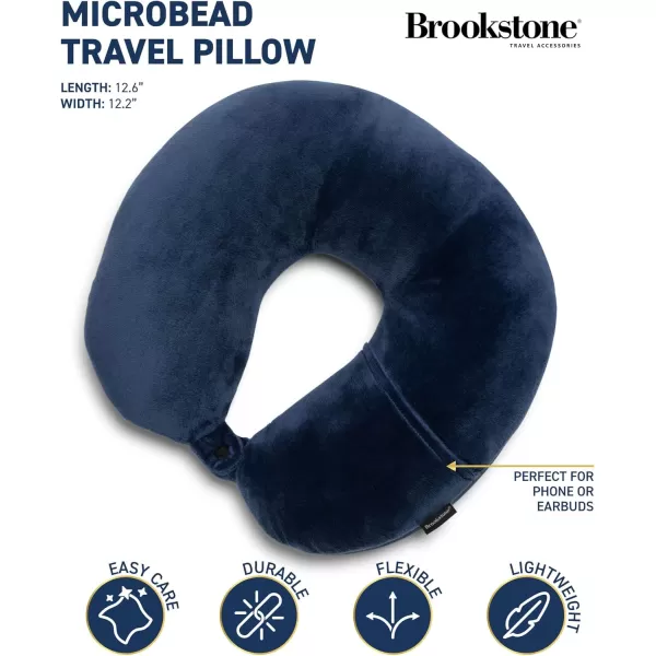 Brookstone Microbead Travel Head and Neck Pillow Lightweight and Plush with Phone or Headphone Pocket BlueBlue