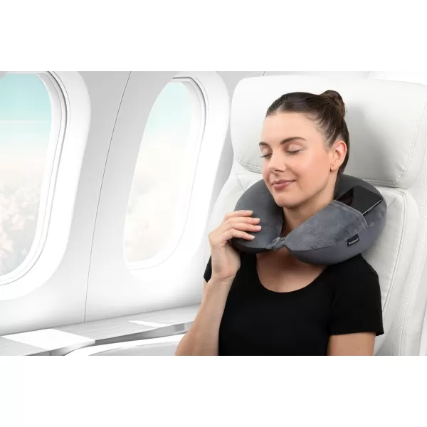 Brookstone Microbead Travel Head and Neck Pillow Lightweight and Plush with Phone or Headphone Pocket BlueDark Grey