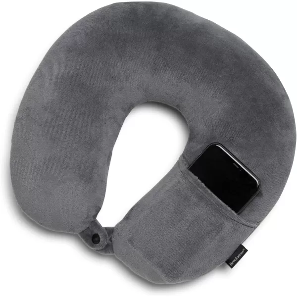 Brookstone Microbead Travel Head and Neck Pillow Lightweight and Plush with Phone or Headphone Pocket BlueDark Grey