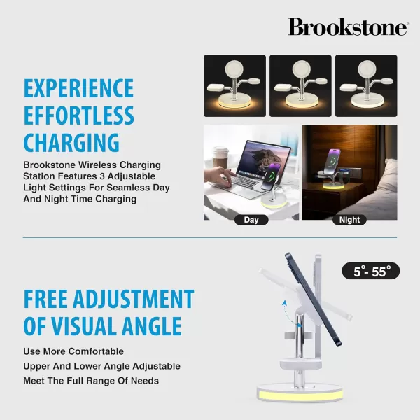 imageBrookstone 3 in 1 Wireless Charging Station Compatible with MagSafe 2 Port 18W Wall Charger High Speed Cable for iPhone 15141312 Pro Max Series Apple iWatch Series and Airpods 3 2 ProWhite