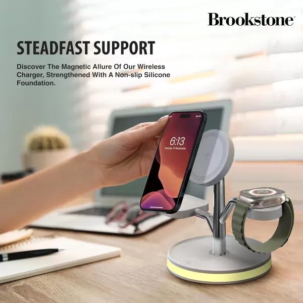 imageBrookstone 3 in 1 Wireless Charging Station Compatible with MagSafe 2 Port 18W Wall Charger High Speed Cable for iPhone 15141312 Pro Max Series Apple iWatch Series and Airpods 3 2 ProWhite