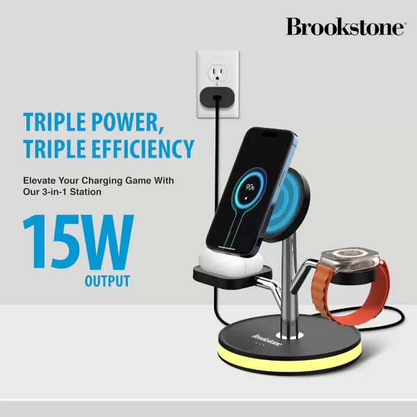 imageBrookstone 3 in 1 Wireless Charging Station Compatible with MagSafe 2 Port 18W Wall Charger High Speed Cable for iPhone 15141312 Pro Max Series Apple iWatch Series and Airpods 3 2 ProBlack