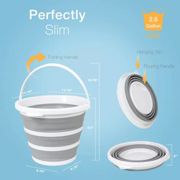 imageBROOKSTONE Slim Collapsible Bucket for Mopping 26 Gallons 10L Home Mop Cleaning or Car Washing Fishing or Camping with Smart Space Saving Design Round Light Gray