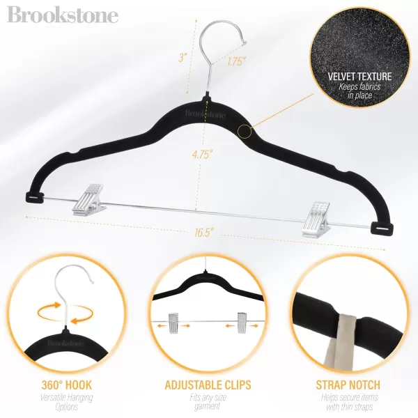 imageBrookstone BKH1293 10 Pack NonSlip Velvet Hangers with Clips 360 Swivel Hook Lightweight ampamp Slim Strong ampamp Durable Space Saving Design Heavy Duty Wont Stain Fabric Black 10 Count