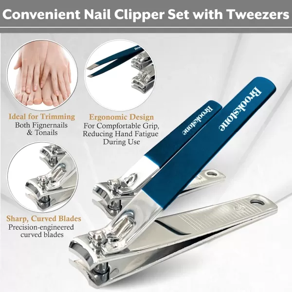 imageBrookstone Nail Clippers Set  Premium Stainless Steel Nail Clipper and Nail Cutter with Rubberized NonSlip Grip Includes Case and Tweezer Two Nail Clippers for Precision Grooming NavyNavy