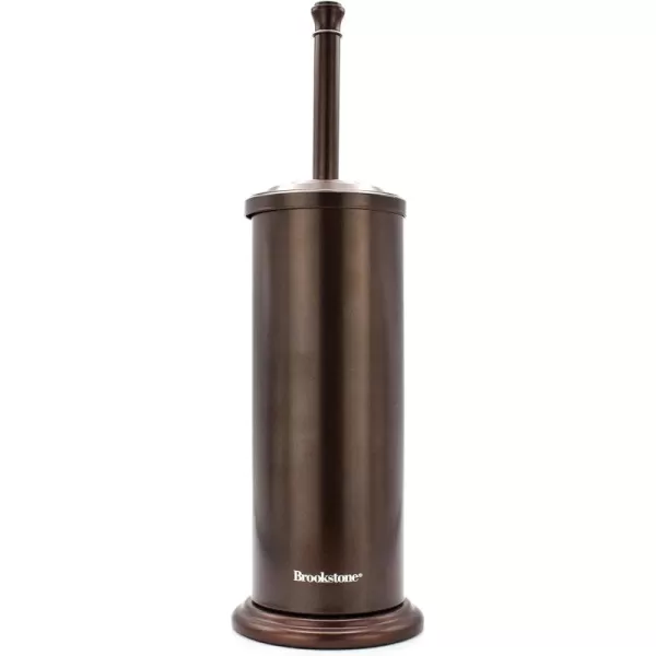 imageBROOKSTONE Bronze Metallic Toilet Brush with Holder Long Handle for Deep Bowl Cleaning Splash Protective Disc Stylish Modern Space Saving Design Leakproof Inner ContainerSmooth Bronze