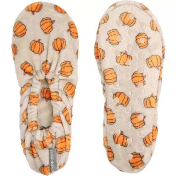 imageBrookstone Plush Footies  Slippers with Memory Foam Insole  UltraSoft Sherpa Footies for Indoor Wear NonSkid Sole OneSizeFitsMost Machine Washable Slippers for Women  Gift for MomPlush  Pumpkin