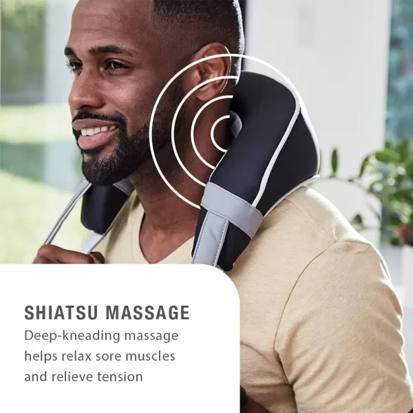 imageBrookstone Shiatsu Neck Massager Integrated On ampamp Off Button Deep Kneading Massage Comfort Flex Handles Control Intensity for Sore Muscles Soft Foam Easy to Use Lightweight Grey