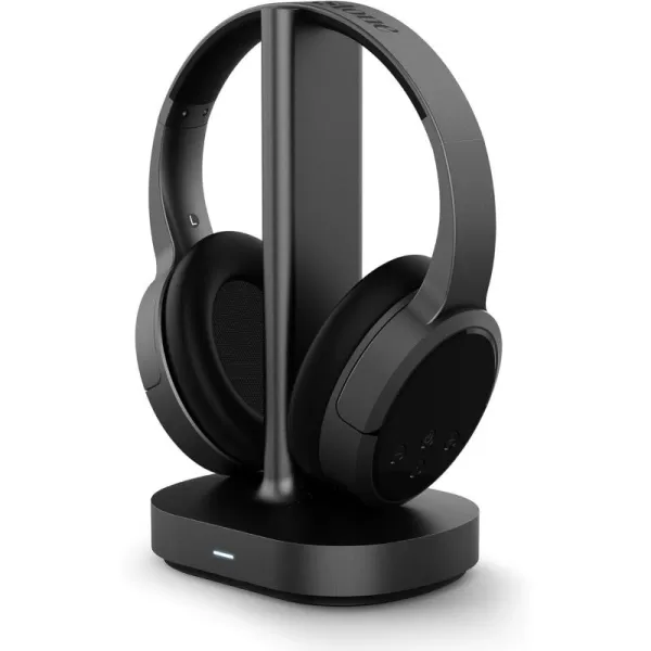 imageBrookstone AirPhones Wireless RF Over Ear Headphones with Wireless Transmitting AudioCharging Dock 10 Hrs Playtime Deep Bass 40mm Driver Comfortable EarPads for TVs Phones