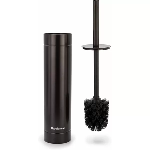 imageBROOKSTONE BKH1376 Metalic Slim Toilet Brush with Holder Deep Bowl Cleaning Long Handle Splash Protective Disc Stylish Modern Design Leakproof Inner Container Space Saving Design