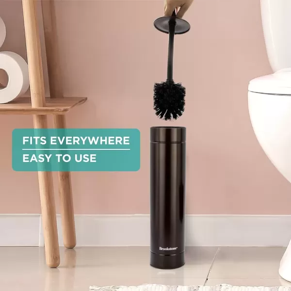 imageBROOKSTONE BKH1376 Metalic Slim Toilet Brush with Holder Deep Bowl Cleaning Long Handle Splash Protective Disc Stylish Modern Design Leakproof Inner Container Space Saving Design