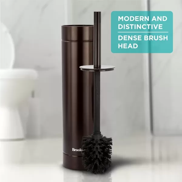 imageBROOKSTONE BKH1376 Metalic Slim Toilet Brush with Holder Deep Bowl Cleaning Long Handle Splash Protective Disc Stylish Modern Design Leakproof Inner Container Space Saving Design