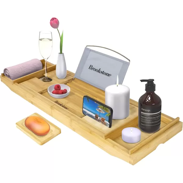 imageBrookstone Over the Tub Bamboo Bath Caddy with Wine Holder Bath Tray with Tablet Phone and Book Stand Separate Soap Holder Expandable up to 43 inches