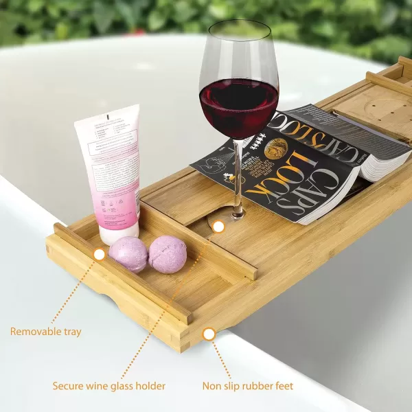 imageBrookstone Over the Tub Bamboo Bath Caddy with Wine Holder Bath Tray with Tablet Phone and Book Stand Separate Soap Holder Expandable up to 43 inches