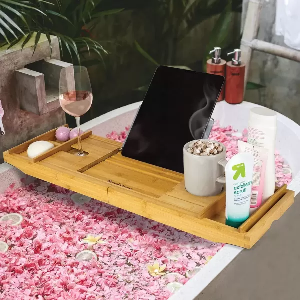 imageBrookstone Over the Tub Bamboo Bath Caddy with Wine Holder Bath Tray with Tablet Phone and Book Stand Separate Soap Holder Expandable up to 43 inches