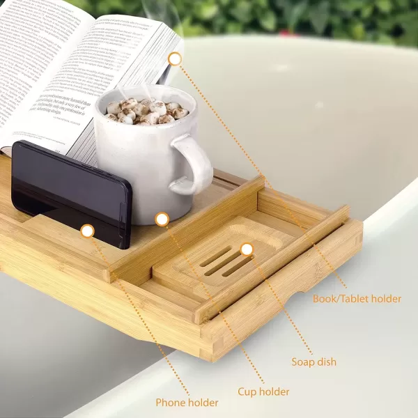 imageBrookstone Over the Tub Bamboo Bath Caddy with Wine Holder Bath Tray with Tablet Phone and Book Stand Separate Soap Holder Expandable up to 43 inches