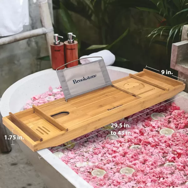 imageBrookstone Over the Tub Bamboo Bath Caddy with Wine Holder Bath Tray with Tablet Phone and Book Stand Separate Soap Holder Expandable up to 43 inches