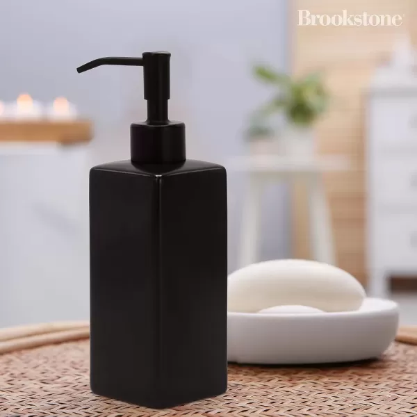 imageBROOKSTONE Ceramic Soap Dispenser with Metallic Top  Stylish and Modern Liquid Hand Soap Holder for Bathroom or Kitchen Square BlackBlack