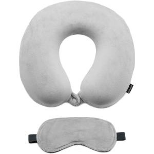 imageBrookstone Memory Foam Neck Pillow Travel Set with High Density Memory Foam Neck Pillow and Sleep Eye Mask for Vacations Airplanes Trains Buses and Cars BlueGrey