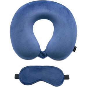 imageBrookstone Memory Foam Neck Pillow Travel Set with High Density Memory Foam Neck Pillow and Sleep Eye Mask for Vacations Airplanes Trains Buses and Cars BlueBlue