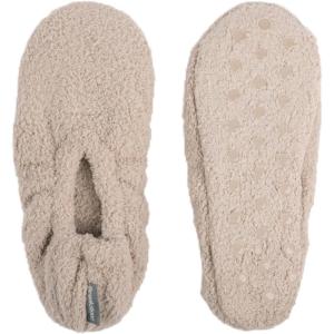 imageBrookstone Plush Footies  Slippers with Memory Foam Insole  UltraSoft Sherpa Footies for Indoor Wear NonSkid Sole OneSizeFitsMost Machine Washable Slippers for WomenKnit  Feather Gray