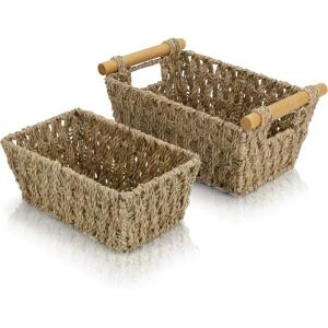 imageBROOKSTONE  2 PIECE SET Wicker Storage Basket with Crafted Wood Handles Organization and Storage Container Decorative Shelf Bin Over the Toilet Paper Reserve Suitable for Any Home Dcor Style