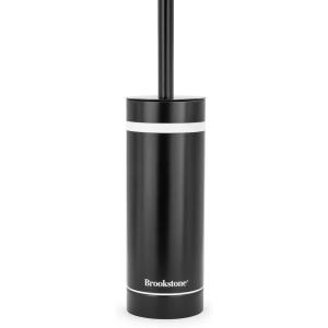 imageBROOKSTONE Toilet Brush and Holder Set for Bathroom with Splash Guard for Deep Cleaning Compact and Space Saving Stylish Toilet Bowl Cleaners ChromeBlack With Stripe