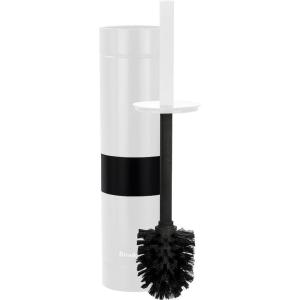 imageBROOKSTONE Toilet Brush and Holder Set for Bathroom with Splash Guard for Deep Cleaning Compact and Space Saving Stylish Toilet Bowl Cleaners ChromeWhite With Stripe