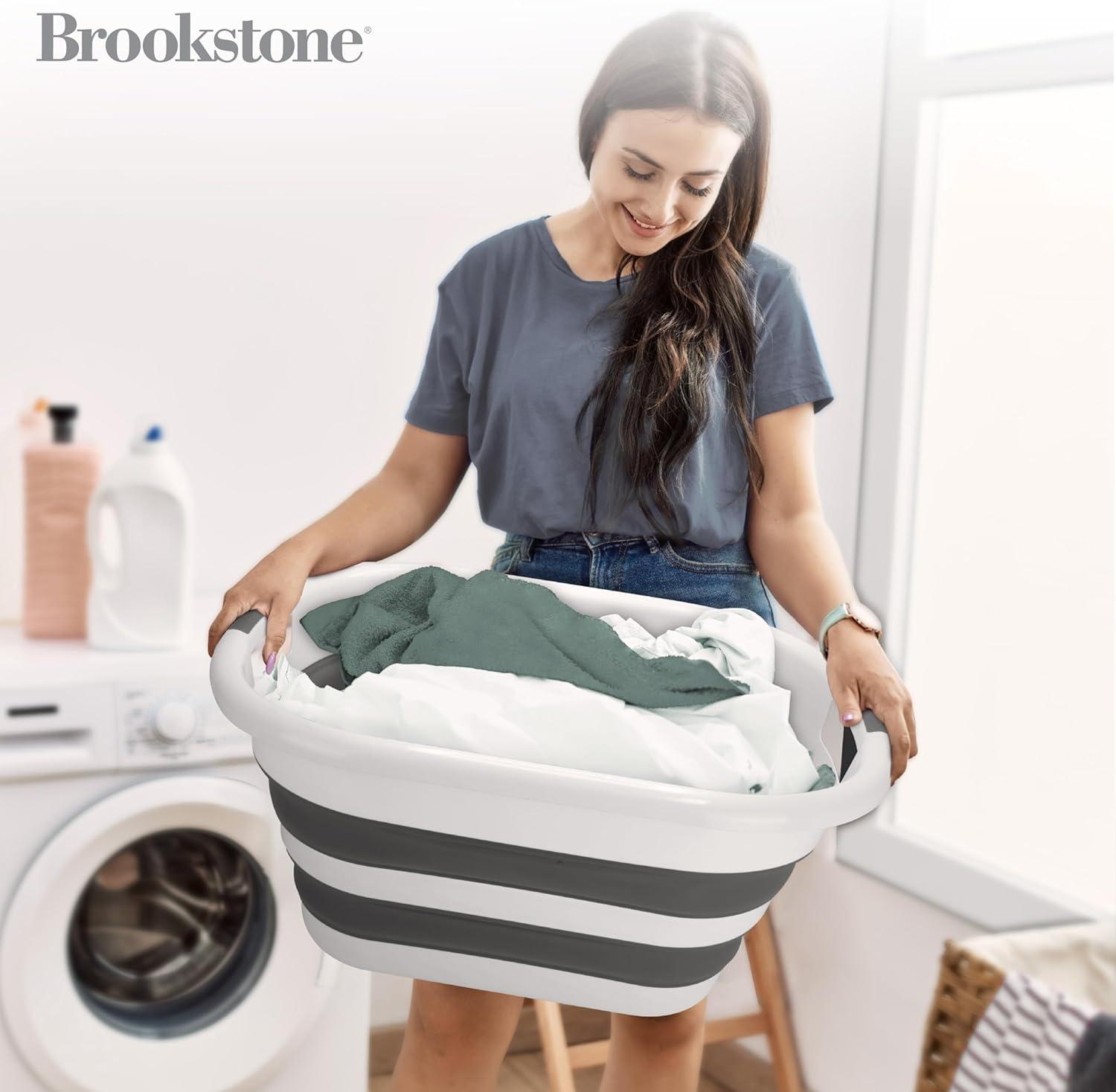 imageBROOKSTONE 11 GALLONS  OUR LARGEST BASKET 24quot Collapsible Laundry Basket Comfort NonSlip Grip Handles Minimalist Space Saving Design Portable PopUp Hamper BPA FREE Mint Retail PackagingRound White  Black