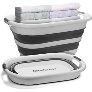imageBROOKSTONE 11 GALLONS  OUR LARGEST BASKET 24quot Collapsible Laundry Basket Comfort NonSlip Grip Handles Minimalist Space Saving Design Portable PopUp Hamper BPA FREE Mint Retail PackagingRound White  Black