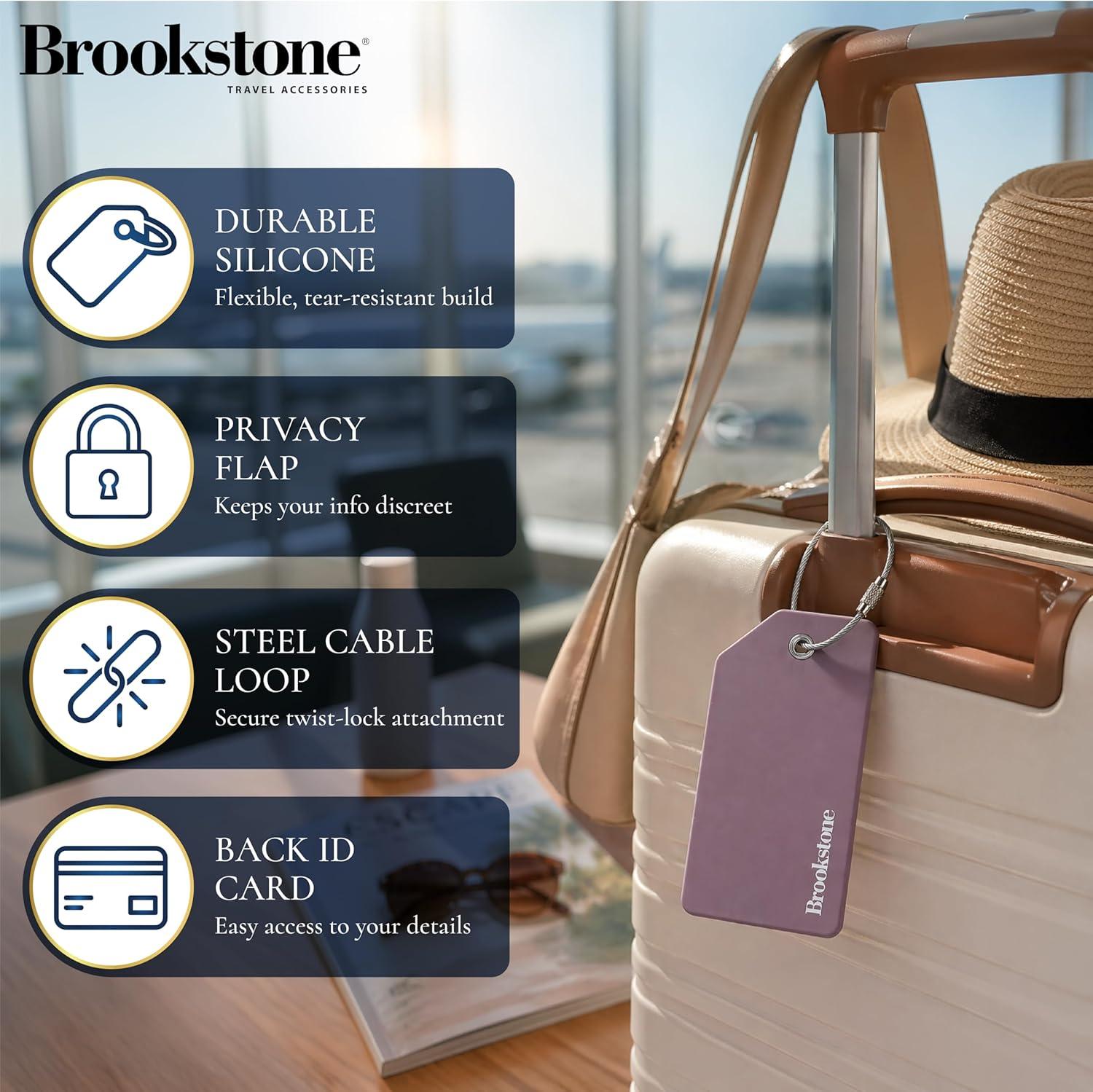 image:imageBrookstone Luggage Tags for Suitcases  2 Pack Silicone Travel Accessories Suitcase Tags with Name Card amp Steel Loop Fastener Size One Size Lilac IceKhaki