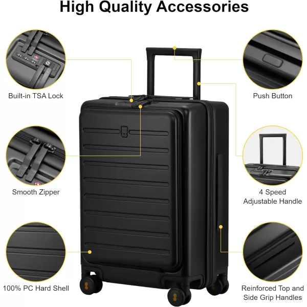 LEVEL8 Carry On Luggage with Wheels, 20 Inch Lightweight PC Hardside Rolling Suitcase with Compartment, Road Runner Spinner Luggage with Front Pocket, Double TSA Locks - Black
