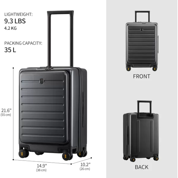 LEVEL8 Carry On Luggage with Wheels, 20 Inch Lightweight PC Hardside Rolling Suitcase with Compartment, Road Runner Spinner Luggage with Front Pocket, Double TSA Locks - Black