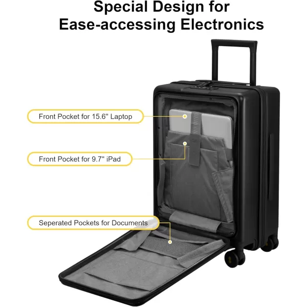 LEVEL8 Carry On Luggage with Wheels, 20 Inch Lightweight PC Hardside Rolling Suitcase with Compartment, Road Runner Spinner Luggage with Front Pocket, Double TSA Locks - Black
