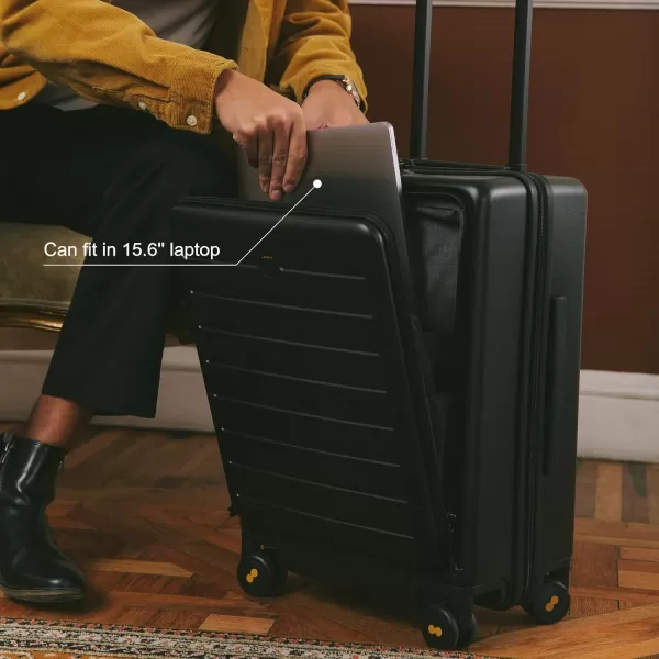 LEVEL8 Carry On Luggage with Wheels, 20 Inch Lightweight PC Hardside Rolling Suitcase with Compartment, Road Runner Spinner Luggage with Front Pocket, Double TSA Locks - Black