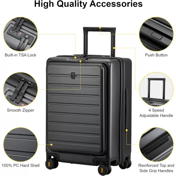 LEVEL8 Carry On Luggage with Wheels, 20 Inch Lightweight PC Hardside Rolling Suitcase with Compartment, Road Runner Spinner Luggage with Front Pocket, Double TSA Locks - Black