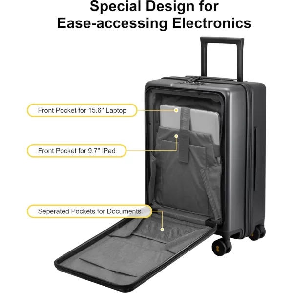 LEVEL8 Carry On Luggage with Wheels, 20 Inch Lightweight PC Hardside Rolling Suitcase with Compartment, Road Runner Spinner Luggage with Front Pocket, Double TSA Locks - Black
