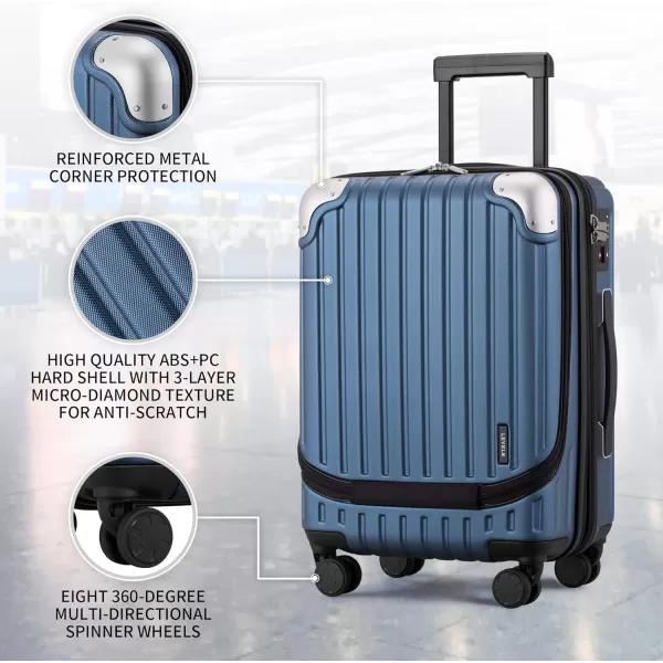 LEVEL8 Grace EXT Carry On Luggage, 20” Expandable Hardside Suitcase with Make Up Bags- Blue, 20” Carry-On